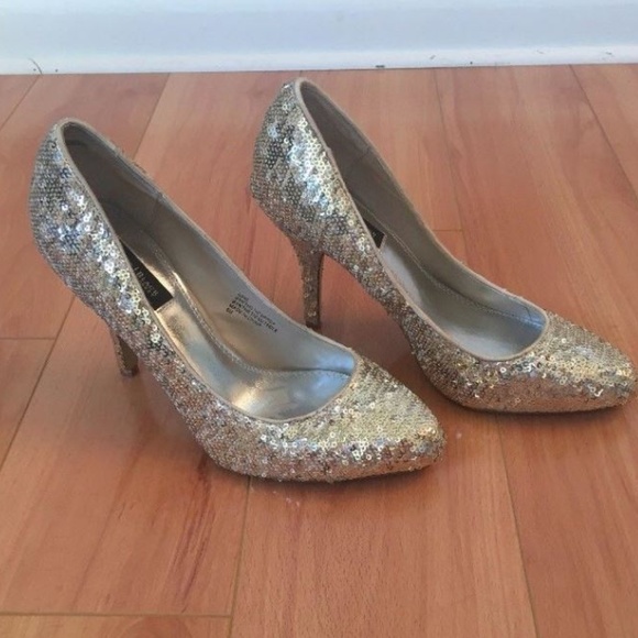 White House Black Market Shoes - White House Black Market Gold Sequin Heels 8